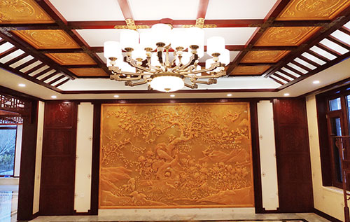 牡丹中式别墅客厅中式木作横梁吊顶装饰展示